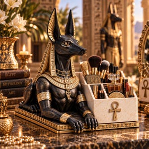 May include: A black and gold Anubis figurine integrated with a cream-colored marble-effect makeup organizer. The organizer features multiple compartments holding various makeup brushes, lipsticks, and a perfume bottle, accented with a gold ankh symbol.