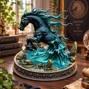 May include: A dark teal horse sculpture with flowing, water-like mane and tail, rearing up on a circular base decorated with small skulls. The horse features glowing green eyes and is surrounded by rocky terrain and small stone markers.
