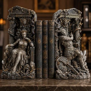 May include: A pair of dark grey stone-effect bookends featuring classical mythological figures, including a seated woman and a warrior, flanking three books titled Hesiod Theogony, Ovid Metamorphoses, and Virgil Aeneid with ornate gold detailing.