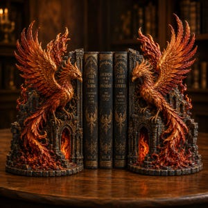 May include: A pair of bookends featuring two phoenixes with orange and red plumage perched on stone ruins with flames. Between them are three black books titled The Fire Born, Legends of the Phoenix, and Ashes and Rebirth with gold lettering.