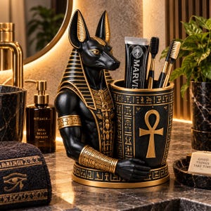 Puede incluir: Un soporte para cepillos de dientes negro y dorado con forma del dios egipcio Anubis, con intrincadas tallas de jeroglíficos y un símbolo ankh. La figura sostiene un recipiente cilíndrico con un tubo de pasta dental Marvis y dos cepillos.
