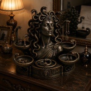 Könnte beinhalten: Ein bronzefarbener Medusa-Büsten-Schmuckhalter mit einer zentralen weiblichen Figur, deren Haare aus Schlangen bestehen. Die Skulptur verfügt über mehrere integrierte kreisförmige Ablagen und erhobene Schlangenköpfe zur Aufbewahrung von Schmuckstücken.