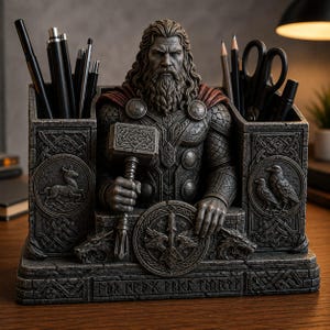 Puede incluir: Un organizador de escritorio con textura de piedra gris que presenta la figura esculpida de un guerrero barbudo sosteniendo un martillo. Incluye dos compartimentos laterales para bolígrafos y lápices, decorados con tallas circulares de animales y runas.