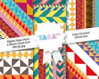 Papel Scrapbook Digital, Pack 6 Papeles Digitales Scrapbooking, 6 archivos jpg 12"x12", Color Carnival Ethnic Geo, DIY Kit Manualidades
