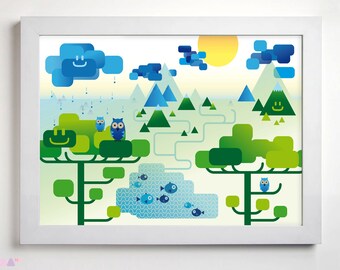 Landscape Sunny Day Illustration, Printable Wall Art, Blue And Green Colourful Poster Details, Nursery Children Room Decor, Digital Print