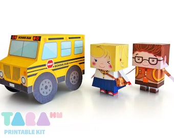 DIY Printable Cutout Dolls DIY Paper Toy, School Boy and Girl Printable Dolls, TaraStudents with School Bus, Educational Toy, Art Toy