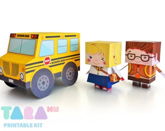 DIY Printable Cutout Dolls DIY Paper Toy, School Boy and Girl Printable Dolls, TaraStudents with School Bus, Educational Toy, Art Toy