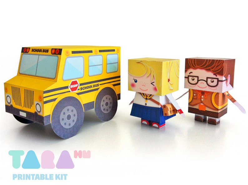 DIY Printable Cutout Dolls DIY Paper Toy, School Boy and Girl Printable Dolls, TaraStudents with School Bus, Educational Toy, Art Toy image 1