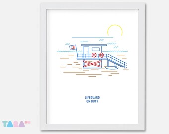 Lifeguard Beach Printable Wall Art, California Sunrising Illustration Poster, Miami, Children Room Decor, Instant Download Digital Print