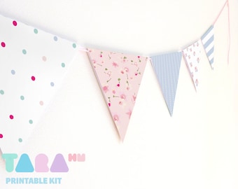 Paper Bunting, Paper Garland, Set of 8, DIY Printable Wall Decor, Baby Shower, Shabby Chic Party Decor Cottage,TaraBunting, Instant Download