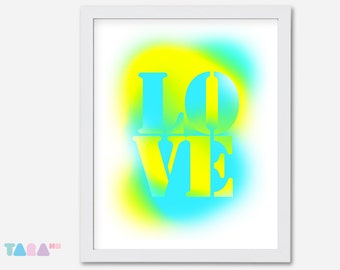 Fluor blue and yellow poster, Love Graffiti Spray, Typography design, Printable Wall Art, Digital Print, children Decor, Instant Download