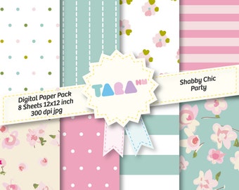 Romantic Shabby Chic Digital Papers, Scrapbooking Set for Party Supplies,  Birthday Collection Wit Air Balloon Themed for Homemade Gifts 