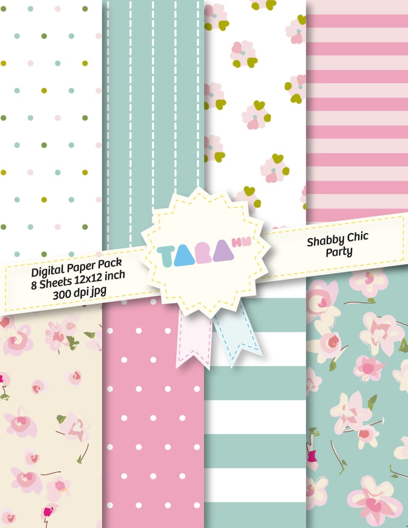 May include: Digital paper pack with 8 sheets of 12x12 inch patterns. The patterns include pink and white stripes, green and white stripes, white with pink flowers, white with green dots, pink with white dots, cream with pink flowers, green with white flowers, and white with green and pink dots. The text "Shabby Chic Party" is included in the image.