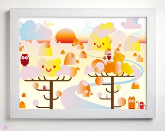 Landscape sunset Illustration, Printable Wall Art, Pastel Colourful Poster Animals funny Details, Nursery Children Room Decor, Digital Print