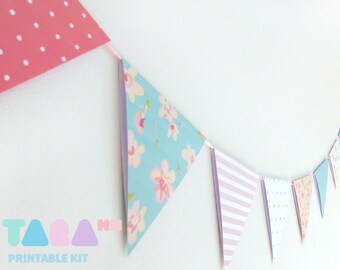 DIY Paper Bunting, Paper Garland, Set of 8, Printable Wall Decor, Baby Shower,DIY Shabby Chic Paper Craft, TaraBunting,  Instant Download