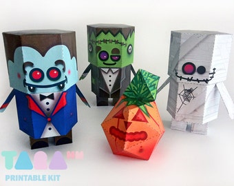 DIY Paper Toys Monsters, Set of 4 Printable Monsters, TaraMonsters, DIY Paper Toy, Art Toy, Vampire, Frankenstein, Pumpkin, Mummy, Halloween