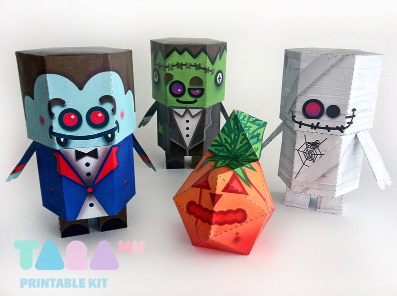 DIY Paper Toys Monsters, Set of 4 Printable Monsters, TaraMonsters, DIY Paper Toy, Art Toy, Vampire, Frankenstein, Pumpkin, Mummy, Halloween image 1