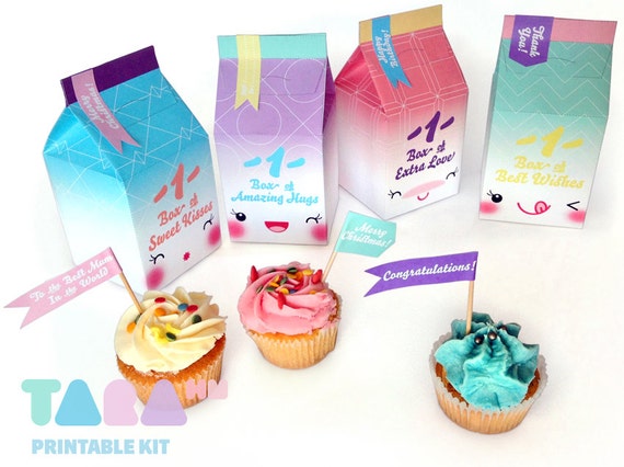 DIY Gift Box Set of 4 with labels, Printable PDF TaraBox, Cupcake Box, Party Favor Box, Instant Download, Paper Toy, Kawaii Gift Box