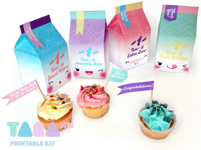 May include: A printable kit for making milk carton gift boxes with cute faces and different messages. The kit includes four different designs: "Box of Sweet Kisses", "Box of Amazing Hugs", "Box of Extra Love", and "Box of Best Wishes". The kit also includes cupcake toppers with messages like "To the Best Mom in the World", "Merry Christmas", and "Congratulations!"
