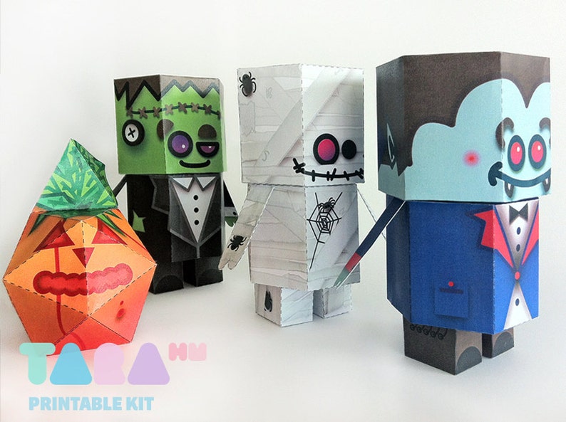 DIY Paper Toys Monsters, Set of 4 Printable Monsters, TaraMonsters, DIY Paper Toy, Art Toy, Vampire, Frankenstein, Pumpkin, Mummy, Halloween image 2
