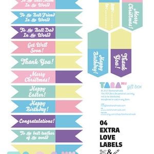 May include: Printable kit of 04 extra love labels with various messages, including "Happy Birthday!" and "To the Best Mam in the World." The labels are in pastel colors and have a whimsical, hand-drawn style.