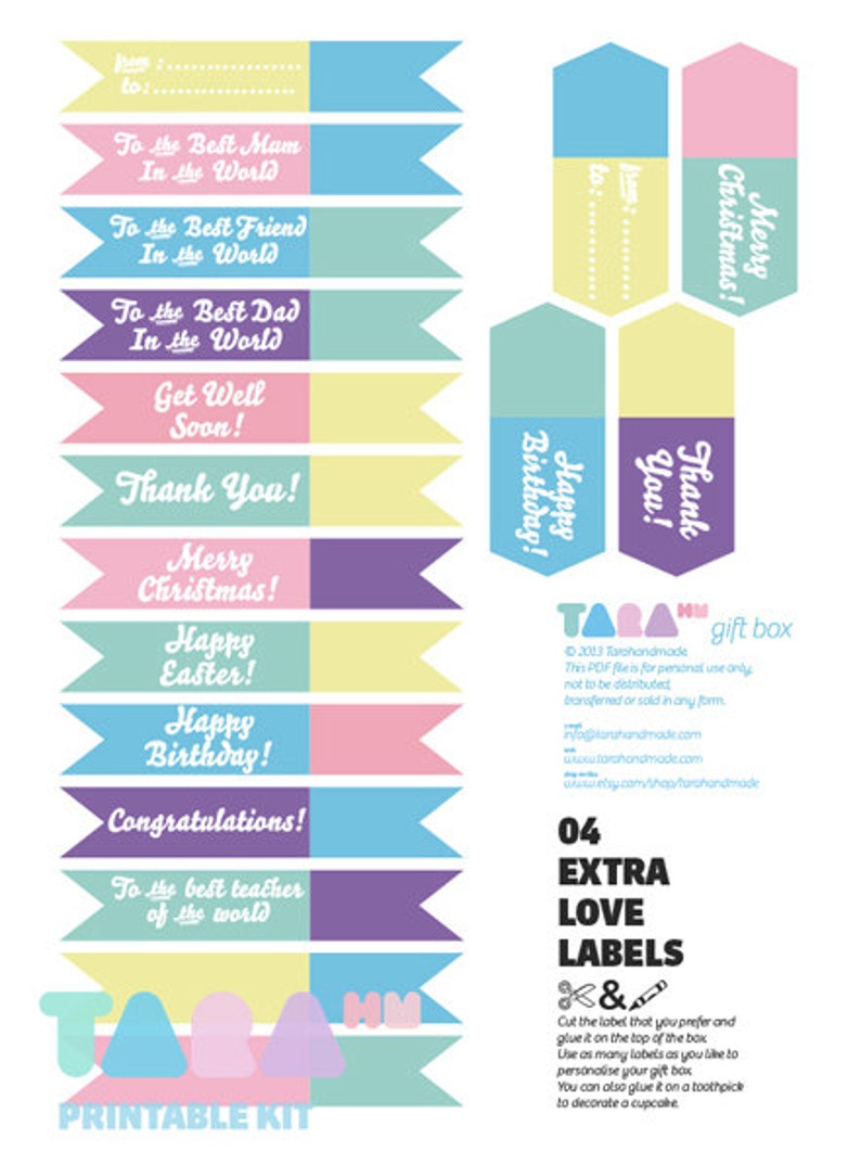 May include: Printable kit of 04 extra love labels with various messages, including "Happy Birthday!" and "To the Best Mam in the World." The labels are in pastel colors and have a whimsical, hand-drawn style.