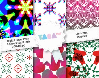 Digital Scrapbook Paper, Christmas Day 6 files Digital Scrapbooking, 6 jpg files 12"x12", Christmas Scrapbook, DIY Craft Kit Digital Paper