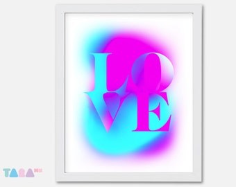 Fluor fuchsia and blue poster, Love Graffiti Spray, Typography design, Printable Wall Art, Digital Print, children Decor, Instant Download