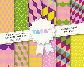 Digital Scrapbook Paper, 12 files Digital Scrapbooking, 12 jpg files 12"x12", Hansel & Gretel Party Geo Pack, DIY Craft Kit Digital Paper