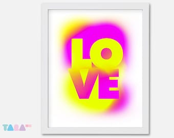 Fluor yellow and fuchsia poster, Love Graffiti Spray, Typography design, Printable Wall Art, Digital Print, children Decor, Instant Download