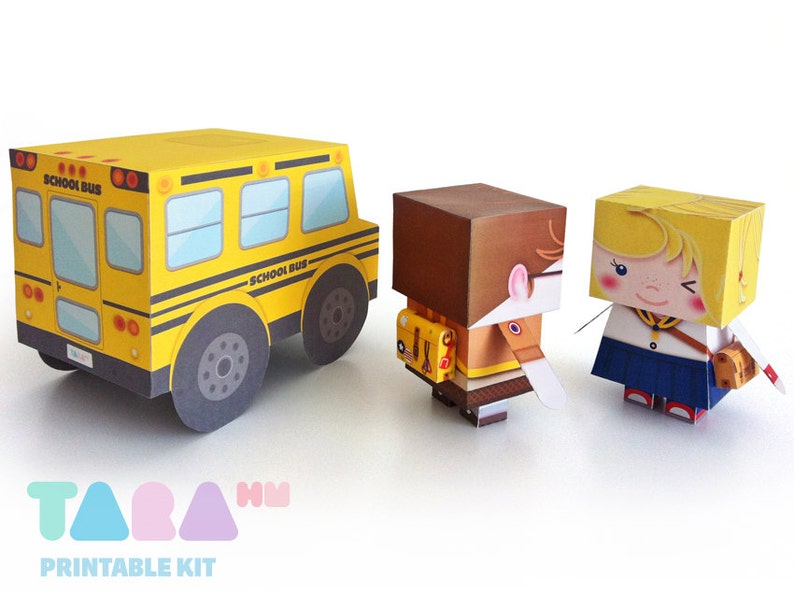 DIY Printable Cutout Dolls DIY Paper Toy, School Boy and Girl Printable Dolls, TaraStudents with School Bus, Educational Toy, Art Toy image 2