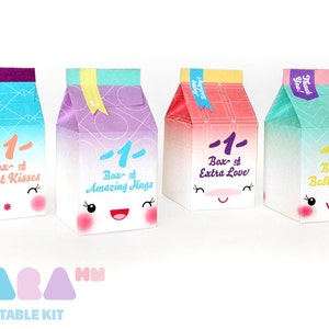 May include: Four printable milk carton boxes with cute faces and different messages. The boxes are blue, purple, pink, and green with a gradient effect. The messages on the boxes are "Box of Sweet Kisses", "Box of Amazing Hugs", "Box of Extra Love", and "Box of Best Wishes".