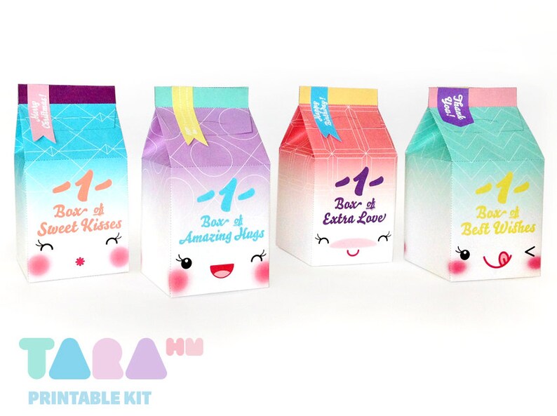 May include: Four printable milk carton boxes with cute faces and different messages. The boxes are blue, purple, pink, and green with a gradient effect. The messages on the boxes are "Box of Sweet Kisses", "Box of Amazing Hugs", "Box of Extra Love", and "Box of Best Wishes".