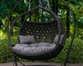 2 Person Wicker Hanging Egg Chair with Stand, Outdoor Rattan Cocoon Swing Seat