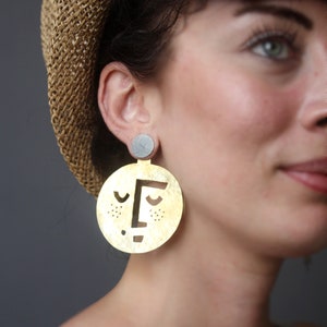 Large Moon Earrings, Gold Moon Face Jewelry, Big Brass Circle Earrings, Hammered Brass with Sterling Silver Studs image 1