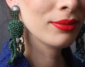 Octopus Earrings with Sterling Silver Stud and Tentacles, Green Swarovski Statement Jewelry for Summer