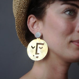 Large Moon Earrings, Gold Moon Face Jewelry, Big Brass Circle Earrings, Hammered Brass with Sterling Silver Studs image 7