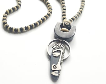 Sterling Silver Mask Pendant with Vintage Bone Beads, African Inspired Jewelry, Mens Jewelry