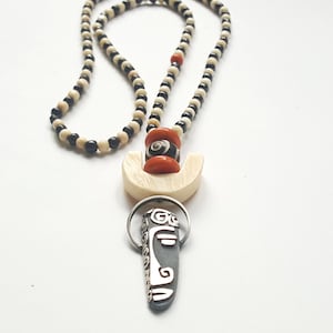 Mask Necklace, Sterling Silver Vintage Bone Beads, African Inspired Jewelry, African Mask Face