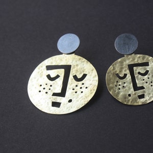 Large Moon Earrings, Gold Moon Face Jewelry, Big Brass Circle Earrings, Hammered Brass with Sterling Silver Studs image 2