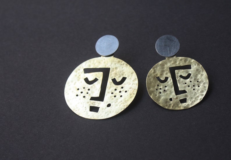 Large Moon Earrings, Gold Moon Face Jewelry, Big Brass Circle Earrings, Hammered Brass with Sterling Silver Studs image 2