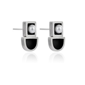 Sterling Silver Rectangle and Half Moon Studs with Freshwater Pearl, Minimal  Everyday Jewelry