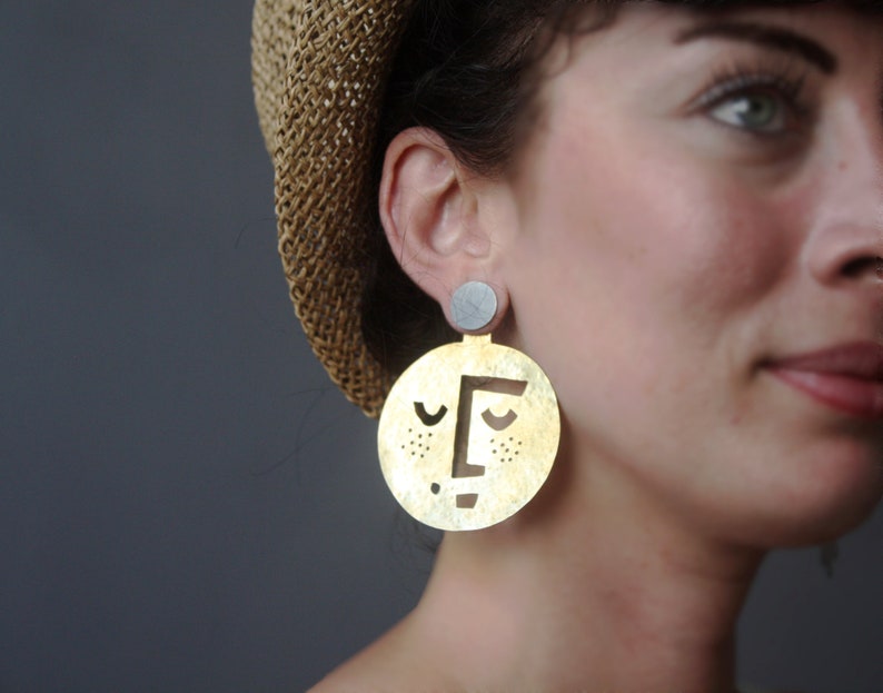 Large Moon Earrings, Gold Moon Face Jewelry, Big Brass Circle Earrings, Hammered Brass with Sterling Silver Studs image 7