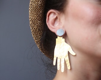 Big Hand Earrings, Brass and Sterling Silver, Picasso Jewelry