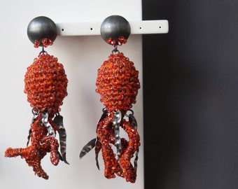 Orange Octopus Earrings with Swarovski Crystal Silver Tentacles, Sterling Silver Statement Earrings for Summer