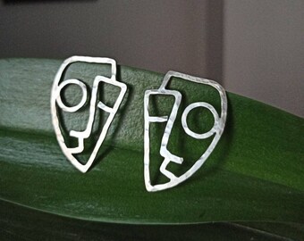 Abstract Geometric Face Earrings, Face Studs, Sterling Silver Face Design Earrings, Modern Art Jewelry, Statement earrings