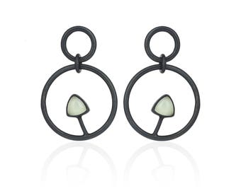 Oxidized Sterling Silver Hoop Earrings with Chalcedony, Modern Contemporary Jewelry, Circles