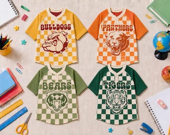 Custom School Mascot Game Day Retro Checkered Youth Two-Button Baseball Jersey, Custom Mascot, Personalized Sport Kids Jersey Shirt