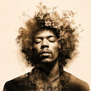 May include: A sepia-toned artistic portrait of Jimi Hendrix with eyes closed, featuring a double exposure effect that blends his hair with blooming flowers and incorporates a guitar neck and city building silhouettes into his dark jacket.