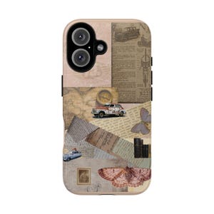 May include: A phone case featuring a vintage-inspired collage design with sepia-toned newspaper clippings, a classic car, a compass, a butterfly, and handwritten script. The background consists of layered paper textures in shades of beige and brown.